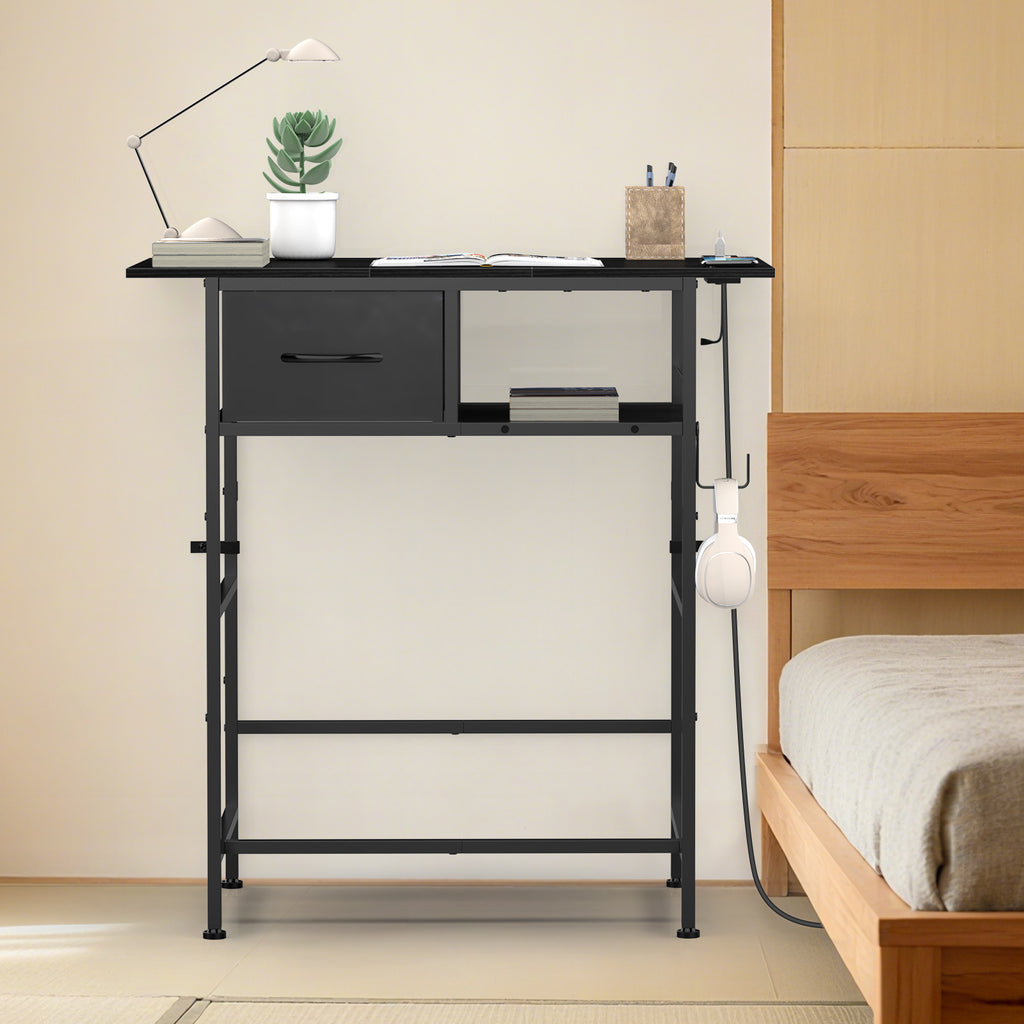 31" Modern Makeup Vanity Table - Small Writing Desk with Built-in Charging Station & Drawer, Black,