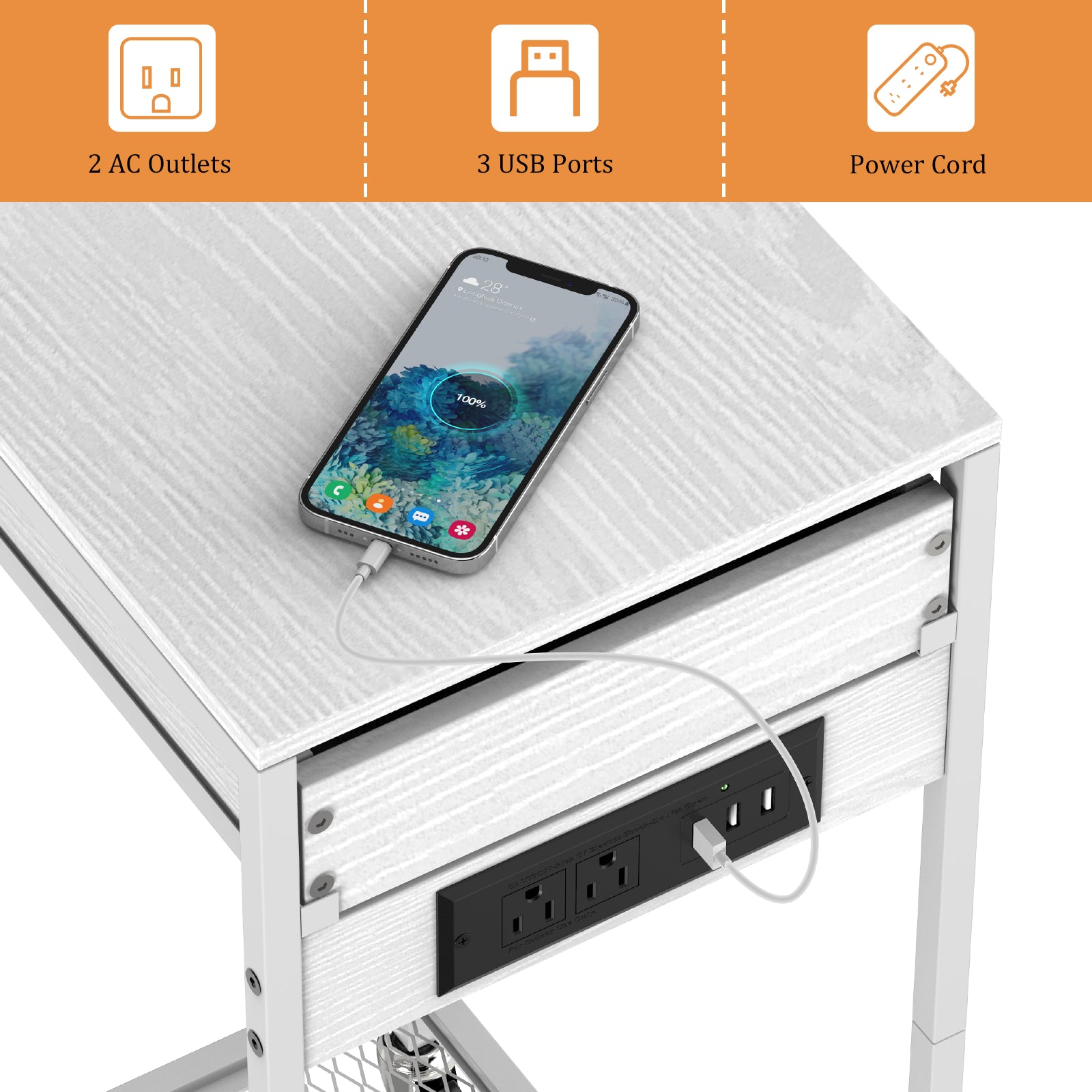 Computer Tower Stand w/ Charging Station - 2 Tier PC Holder Cart, Printer Stand & Storage Drawer, White