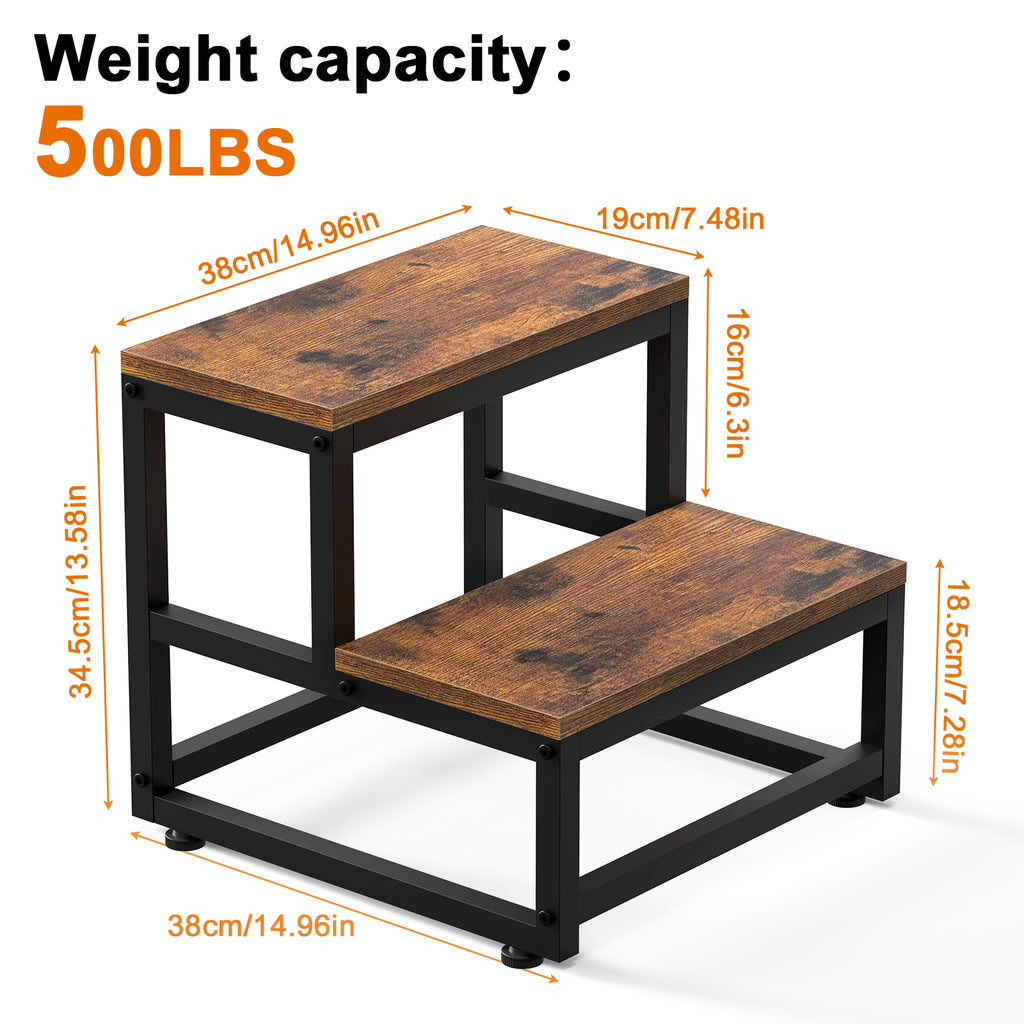 2-Tier High-Capacity Stool | 500lb Load-Bearing Bedside & Kitchen Step with Rustic Wood