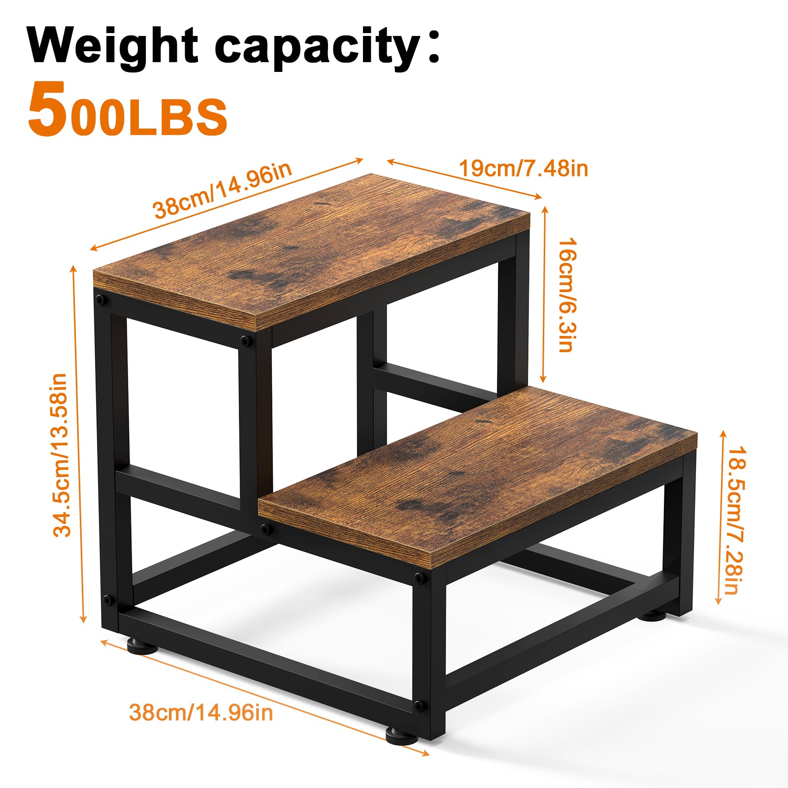 2-Tier High-Capacity Stool | 500lb Load-Bearing Bedside & Kitchen Step with Rustic Wood