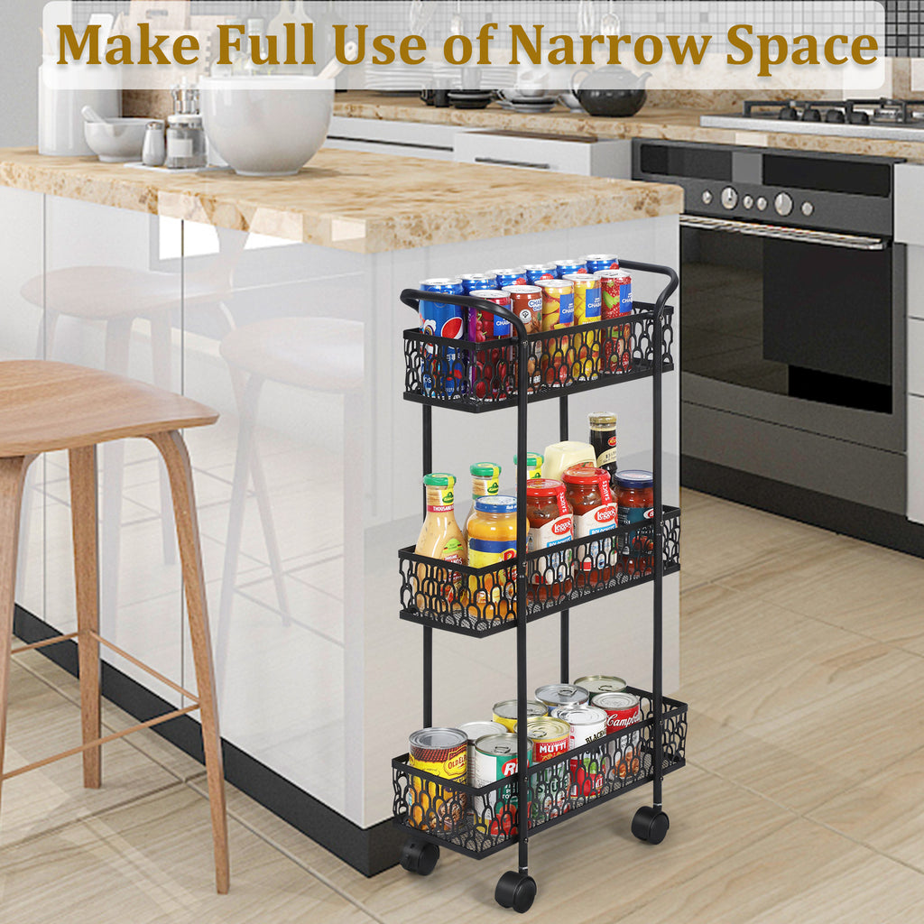 3 Layers, Slim Storage Cart with Wheels, Kitchen Rolling Cart Frame, Mobile Metal Storage Room Cart Frame for Bathroom Laundry, Rolling Multipurpose Cart for Tight Places Black