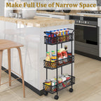 3 Layers, Slim Storage Cart with Wheels, Kitchen Rolling Cart Frame, Mobile Metal Storage Room Cart Frame for Bathroom Laundry, Rolling Multipurpose Cart for Tight Places Black
