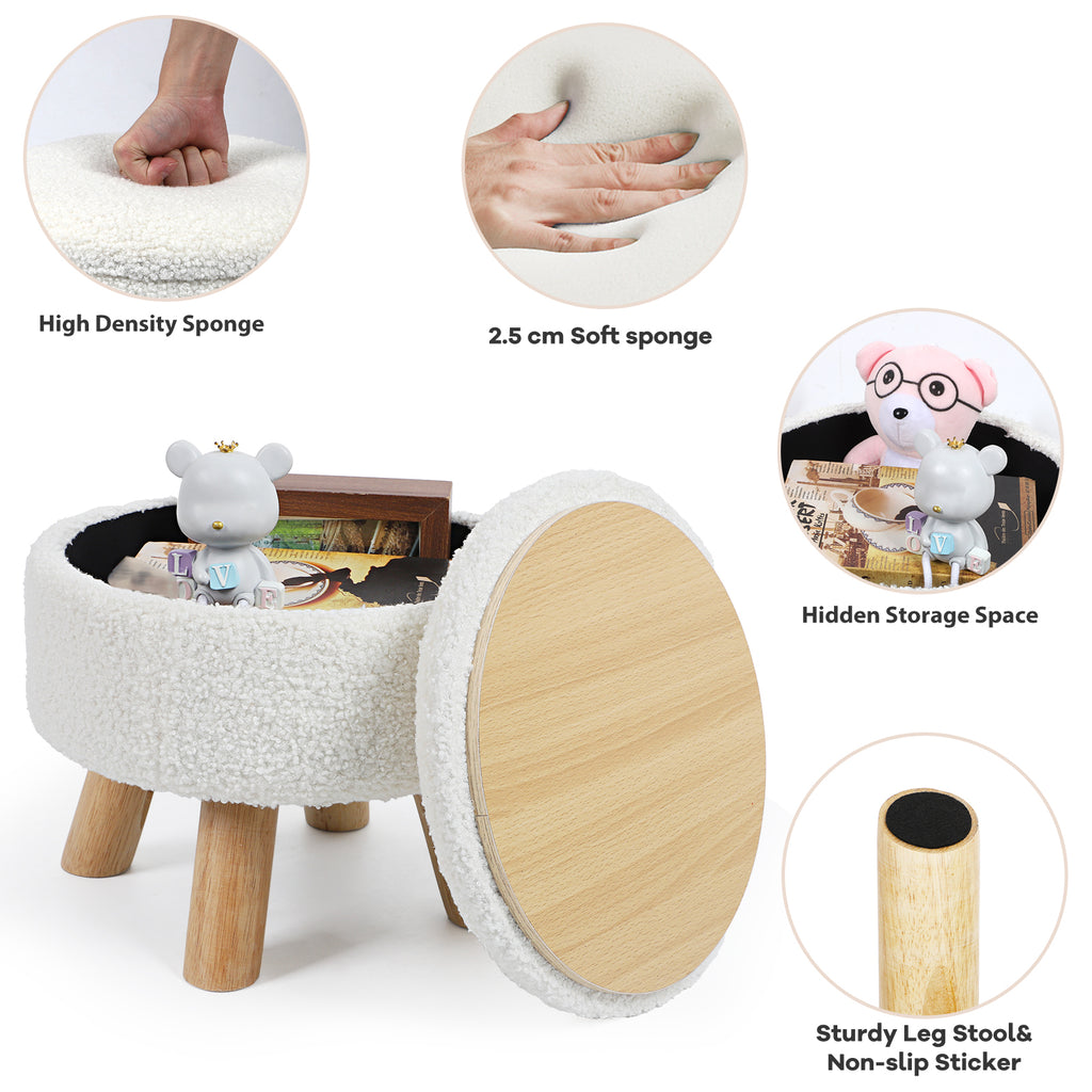 Small Round Boucle Storage Ottoman - Teddy Velvet Foot Rest with Wood Legs