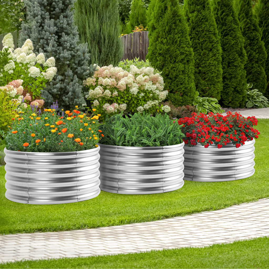 3 Pack Round Galvanized Raised Garden Bed (2x2x1ft) - Silver Metal Planter Box for Vegetables & Herbs