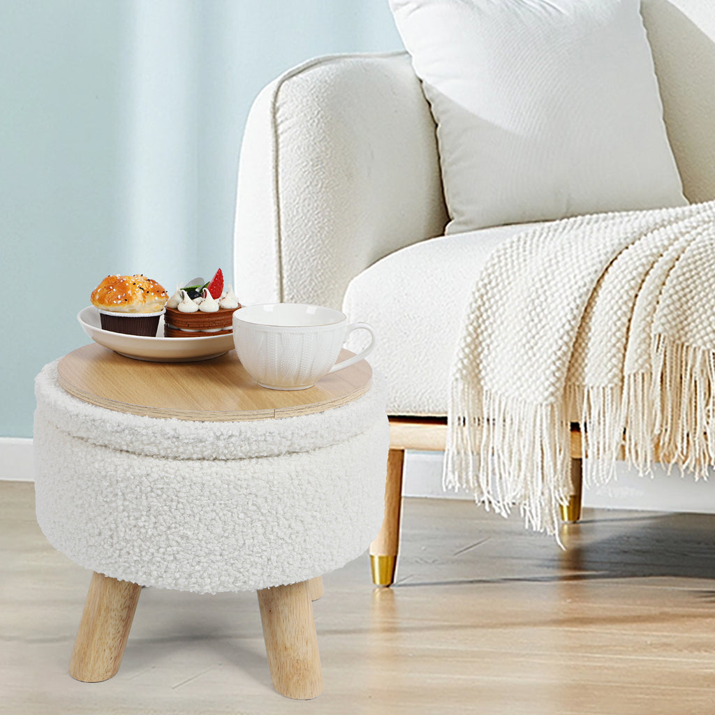 Small Round Boucle Storage Ottoman - Teddy Velvet Foot Rest with Wood Legs