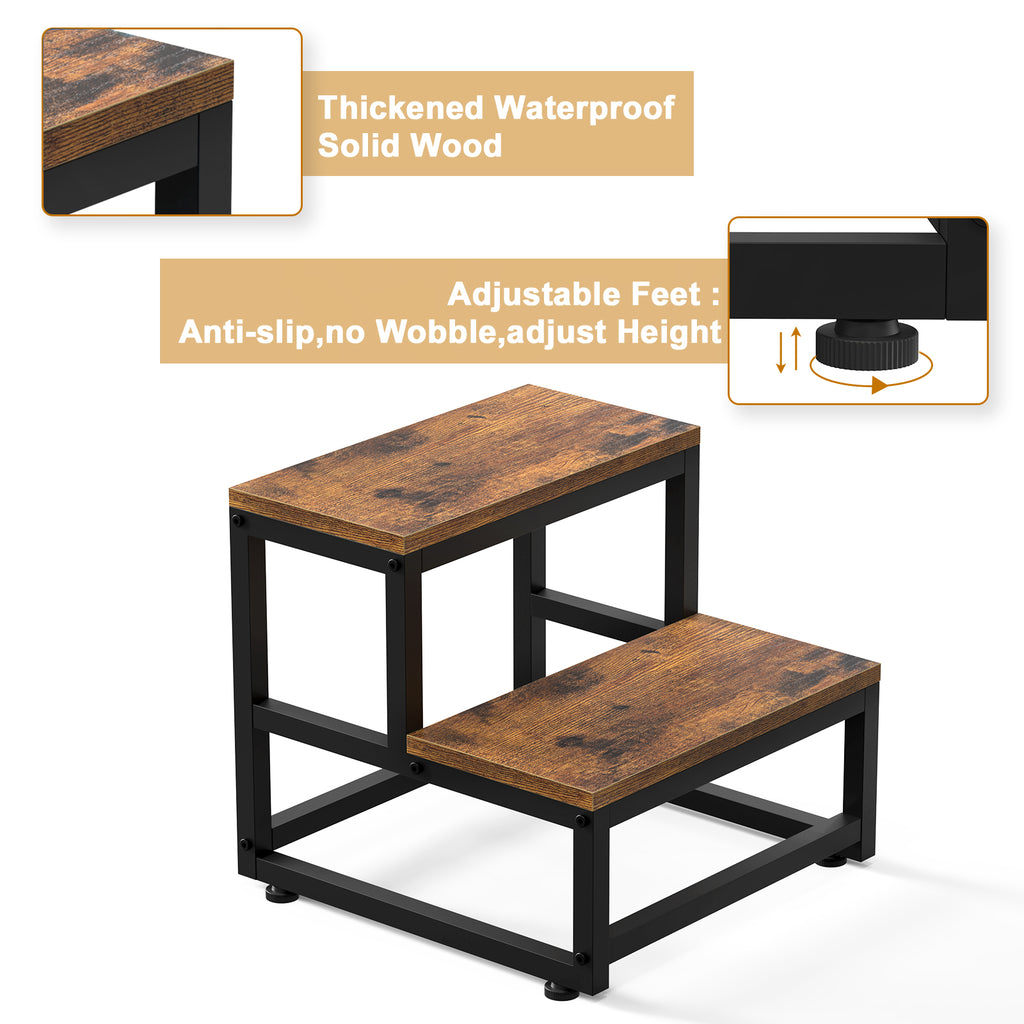 2-Tier High-Capacity Stool | 500lb Load-Bearing Bedside & Kitchen Step with Rustic Wood