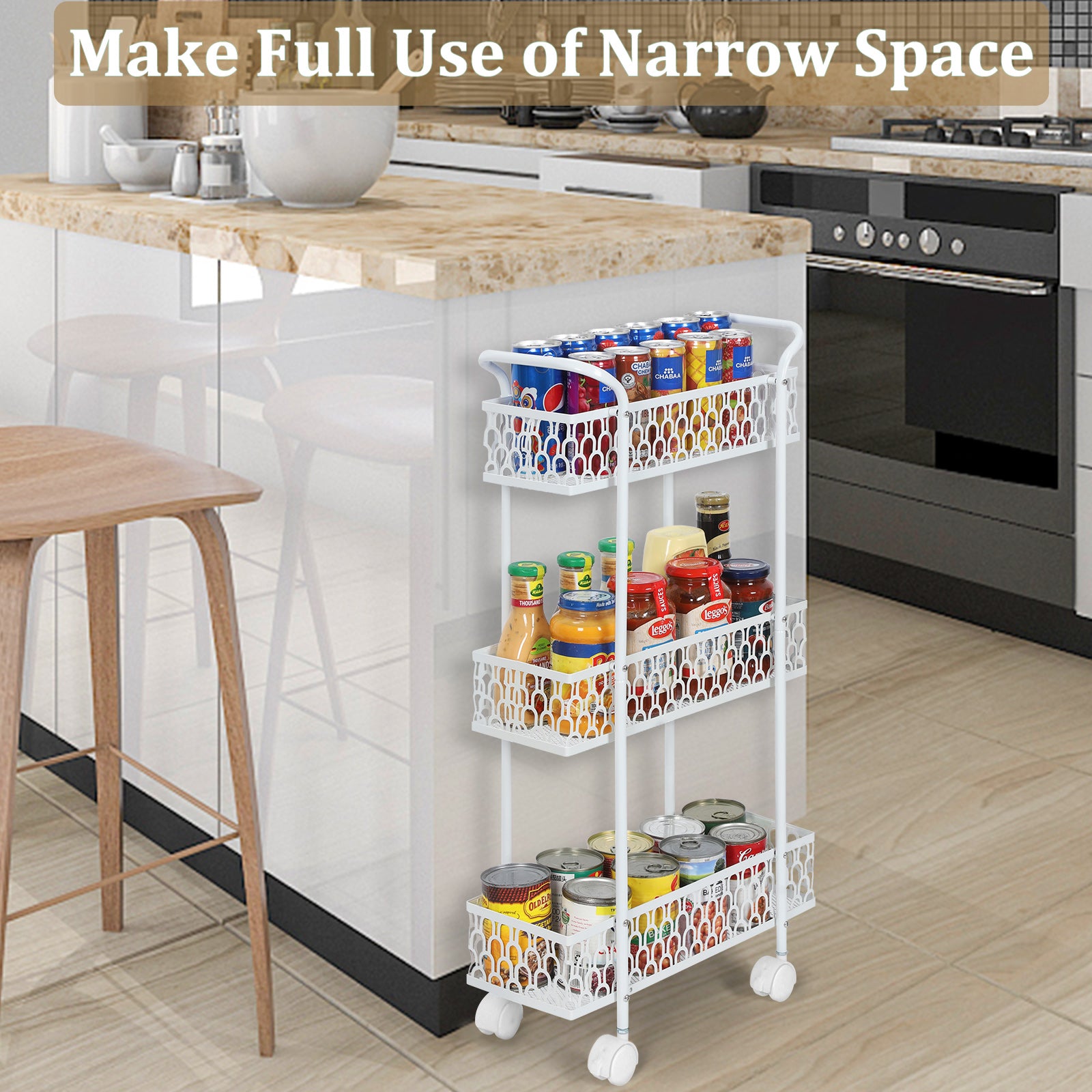 3 Layers, Slim Storage Cart with Wheels, Kitchen Rolling Cart Frame, Mobile Metal Storage Room Cart Frame for Bathroom Laundry, Rolling Multipurpose Cart for Tight Places Black