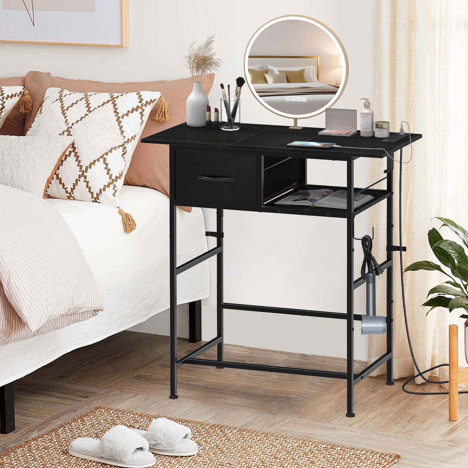 31" Modern Makeup Vanity Table - Small Writing Desk with Built-in Charging Station & Drawer, Black,