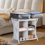 Metal Folding Luggage Rack for Guest Room - Suitcase Stand w/ 4 Storage Compartments, Gray, 100lb Capacity