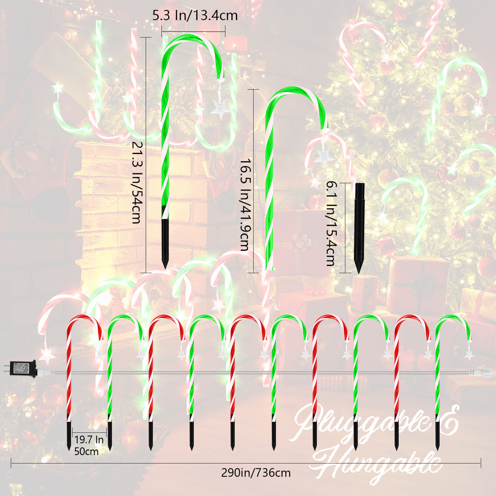 10 Pack 21" Christmas Candy Cane Pathway Lights - Waterproof Outdoor Decorations w/ 8 Modes