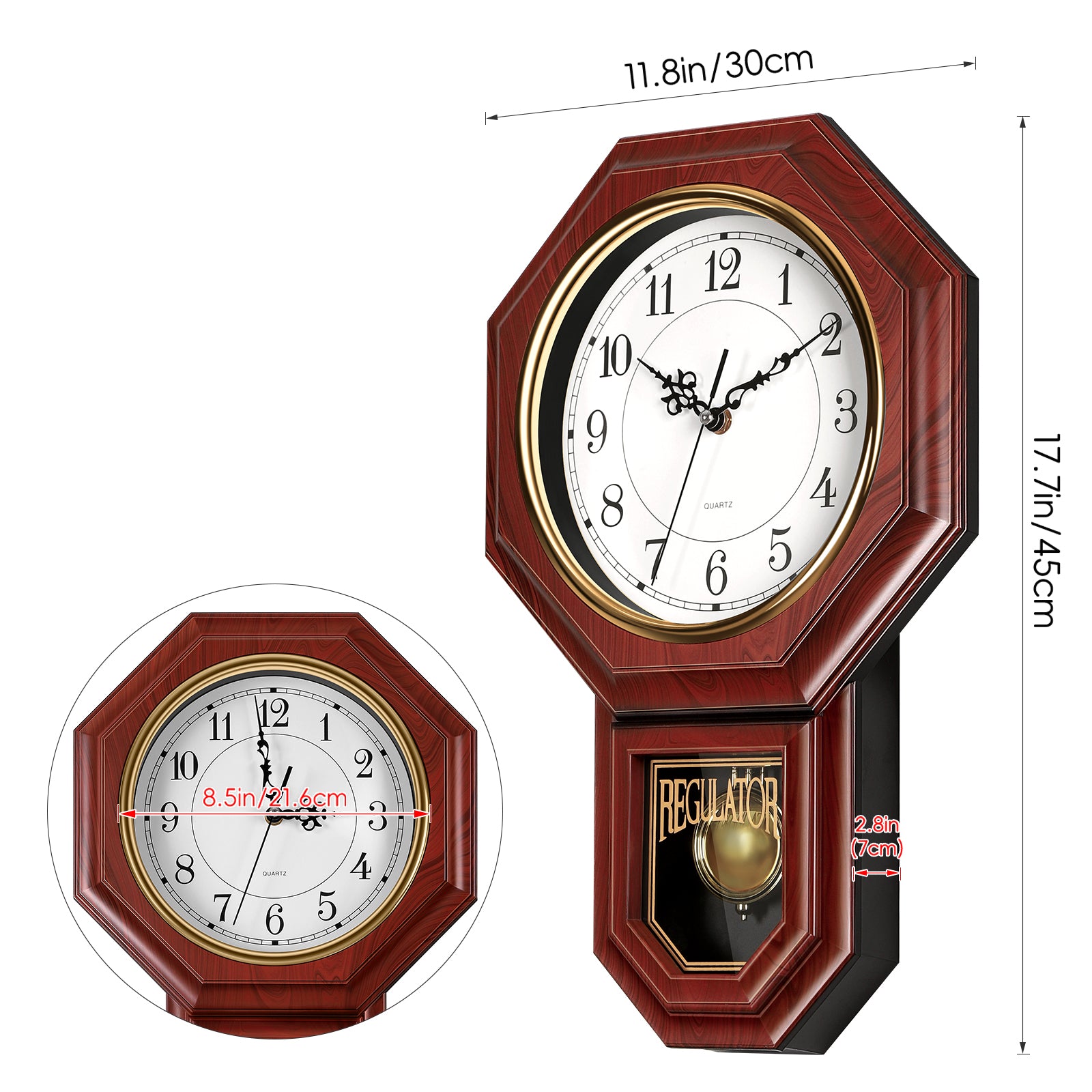 Vintage Regulator Pendulum Wall Clock, 11.8x17.7 Inch Battery Operated Decorative Grandfather Style Clock for Living Room, Bedroom, Kitchen & Office, Red Wood Grain