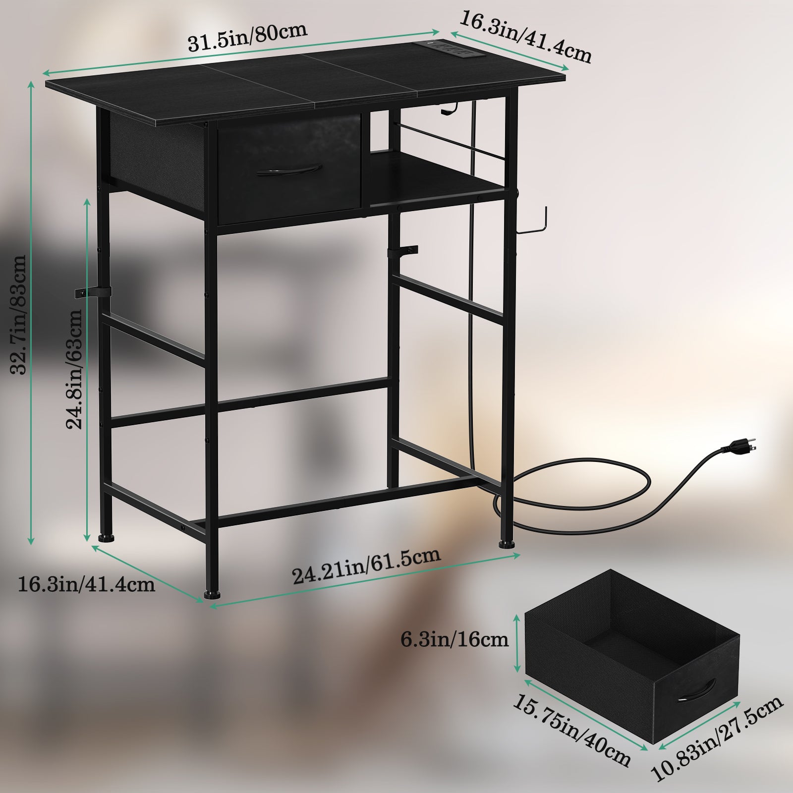 31" Modern Makeup Vanity Table - Small Writing Desk with Built-in Charging Station & Drawer, Black,