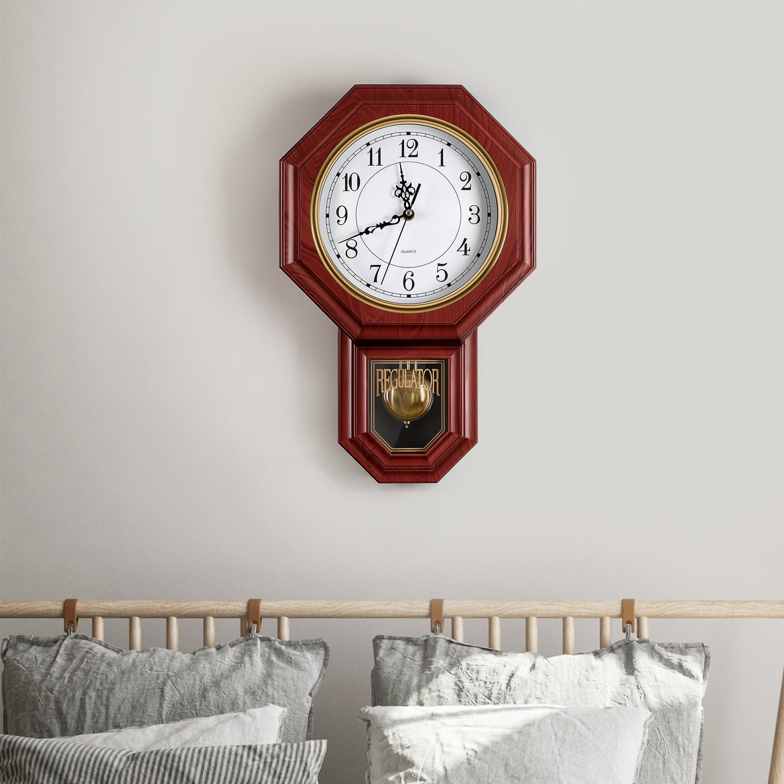 Vintage Regulator Pendulum Wall Clock, 11.8x17.7 Inch Battery Operated Decorative Grandfather Style Clock for Living Room, Bedroom, Kitchen & Office, Red Wood Grain