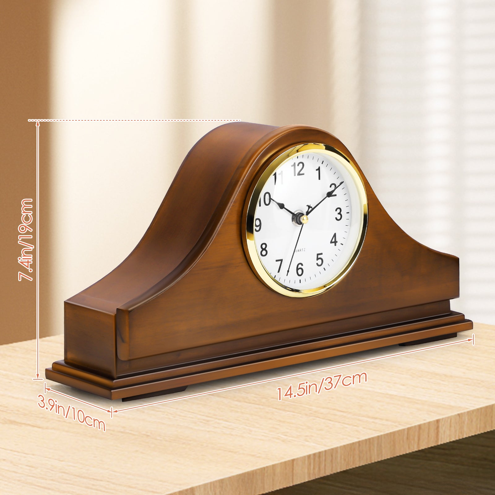Arched Wooden Mantel Clock - Battery Operated Traditional Table Clock for Living Room, Fireplace & Office,