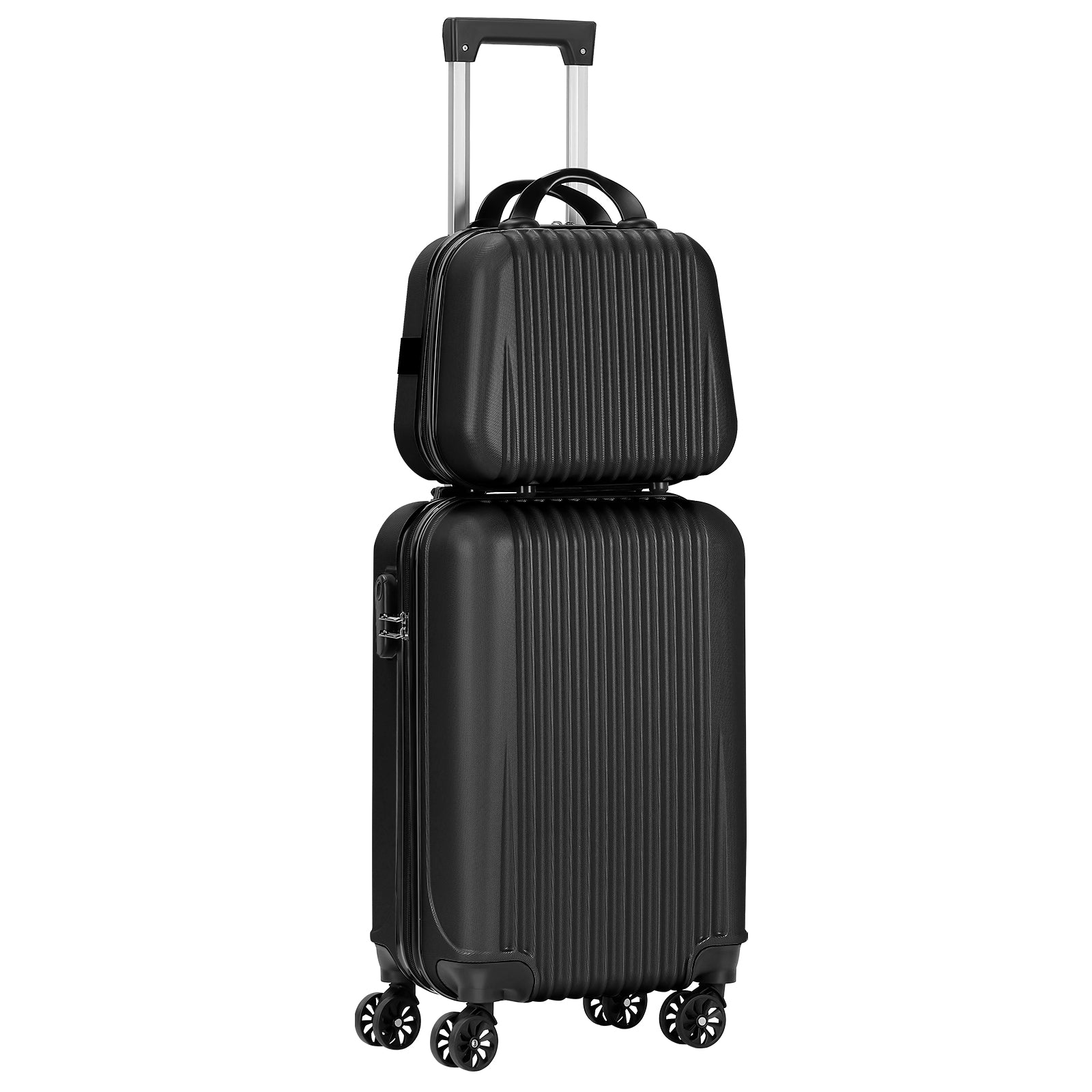 2-Piece ABS Hardside Luggage Set - 20 Inch Carry On Suitcase + 14 Inch Cosmetic Case with Spinner Wheels & Lock, Black