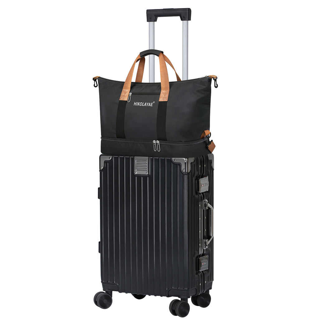 20 Inch Aluminum Frame Hardside Luggage with HIKOLAYAE Travel Tote Bag, Spinner Suitcase with TSA Lock & Detachable Carry-On Bag, Black