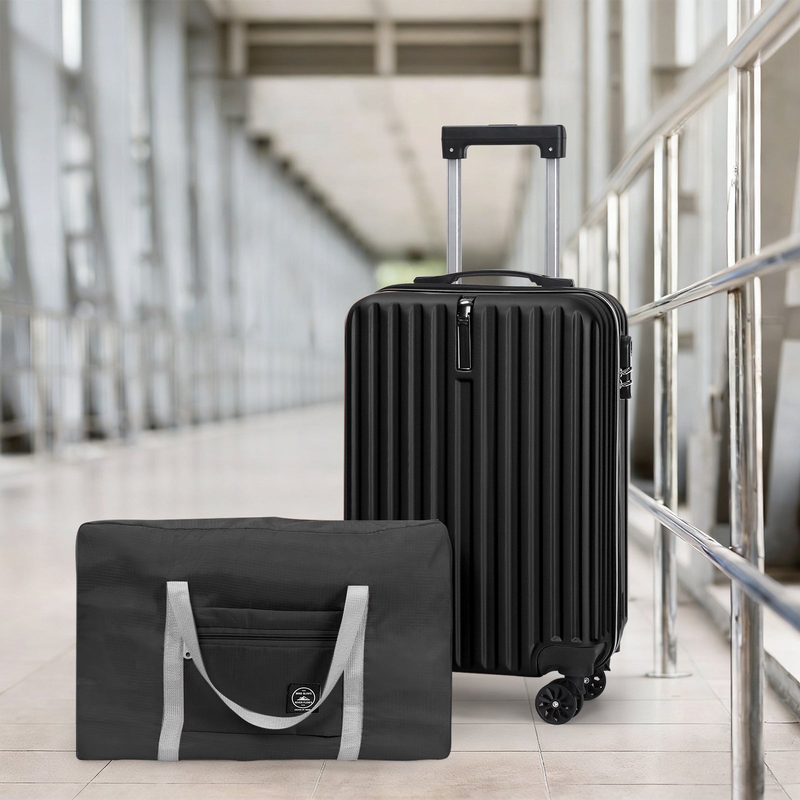 2 Piece Carry On Luggage Set with Bonus Foldable Duffel Bag, 20 Inch Spinner Suitcase with Built-in Hook for Extra Bag, TSA Lock, Telescopic Handle Perfect for Back to School, Business Trip and Weekend Getaway
