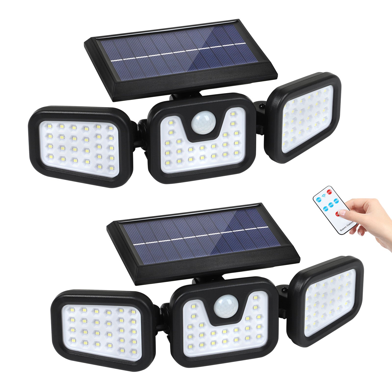 3-Head Solar Motion Sensor Lights Outdoor, Foldable & Rotatable LED Security Flood Light with Remote Control