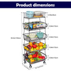 Stackable 5 Tier Rolling Kitchen Storage Cart, Freestanding Wire Produce Fruit Basket Rack with Mobile Casters, Multi-Purpose Vegetable Food Organizer for Kitchen, Dining Room, Pantry