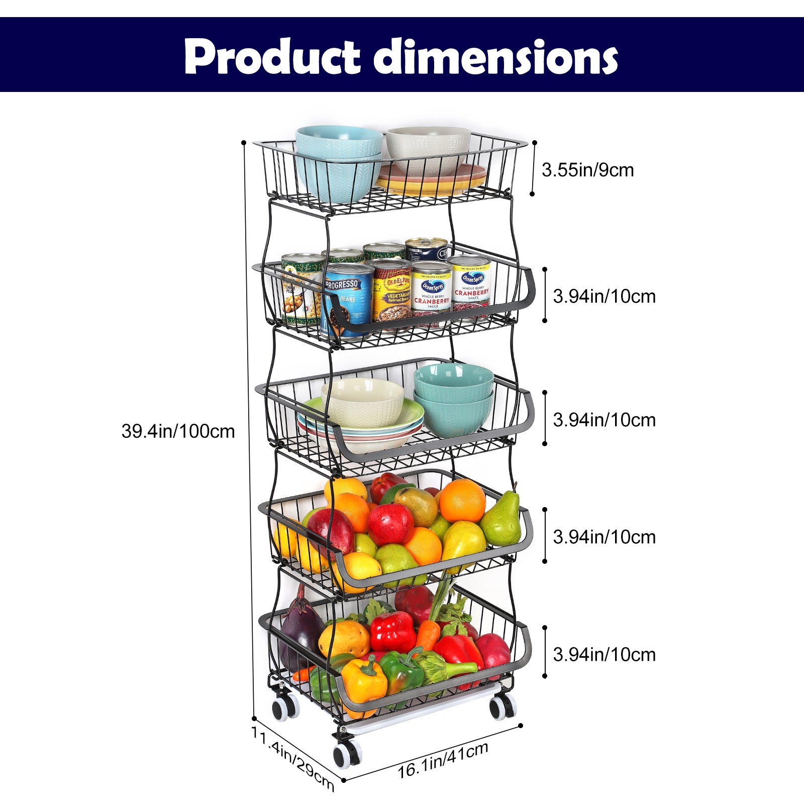 Stackable 5 Tier Rolling Kitchen Storage Cart, Freestanding Wire Produce Fruit Basket Rack with Mobile Casters, Multi-Purpose Vegetable Food Organizer for Kitchen, Dining Room, Pantry