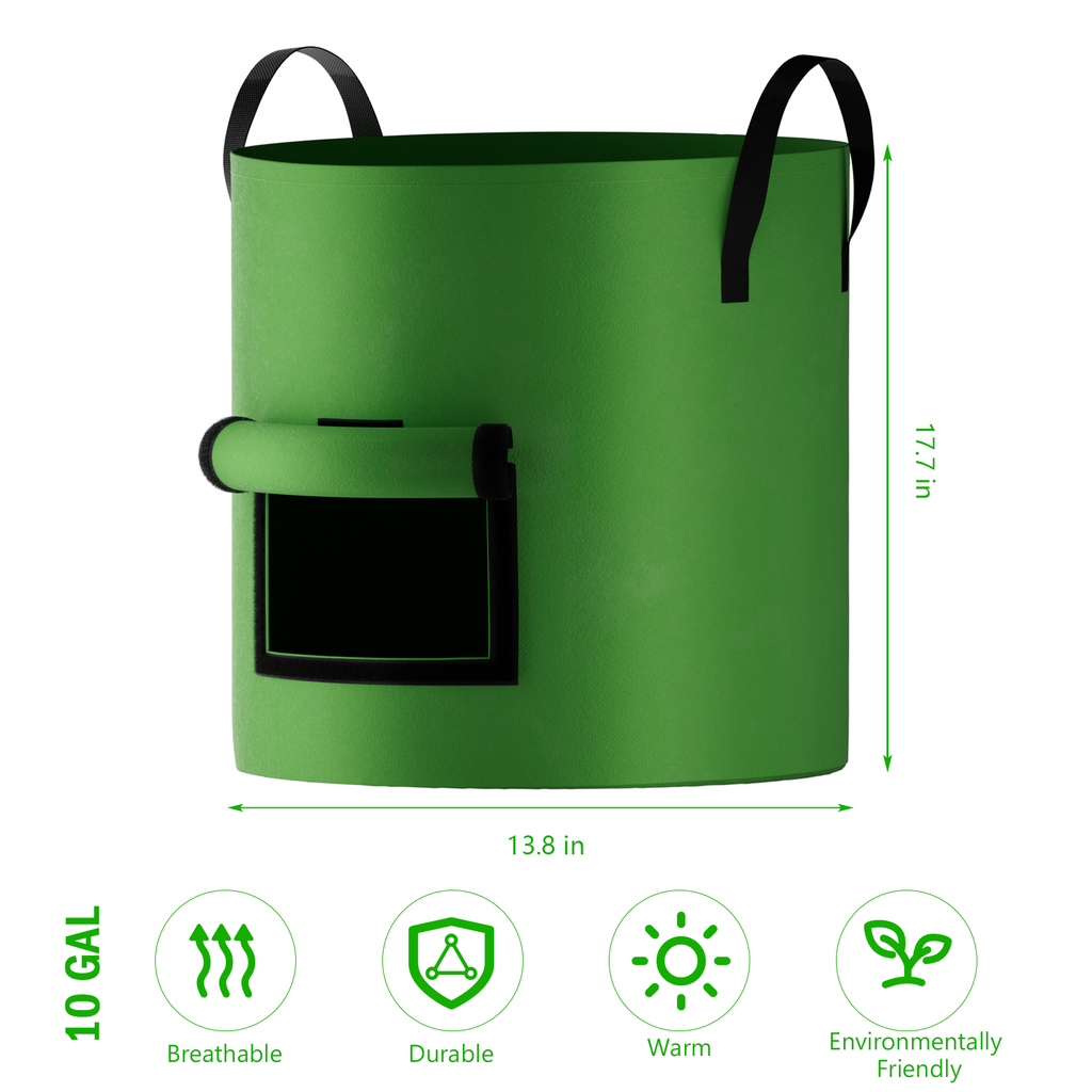 4-Pack Green Non-Woven Planting Containers with Observation Flap, Heavy Duty Aeration Pots with Reinforced Handles for Garden Vegetables and Flowers