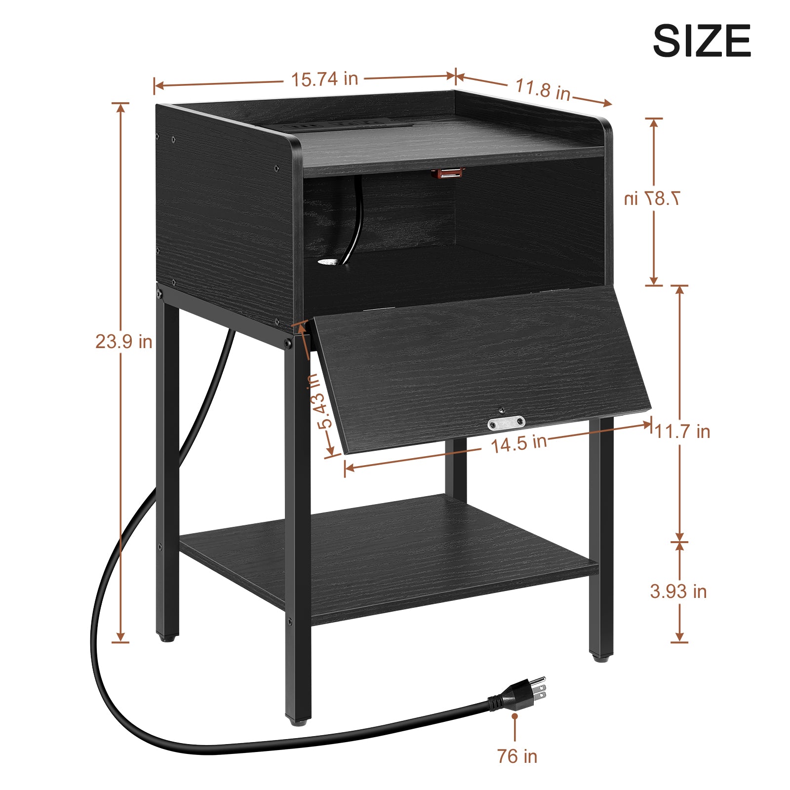 Nightstand with Charging Station & Flip-Top Storage, 3-Tier Bedside Table with Outlets & USB, Black Side Table for Small Spaces,