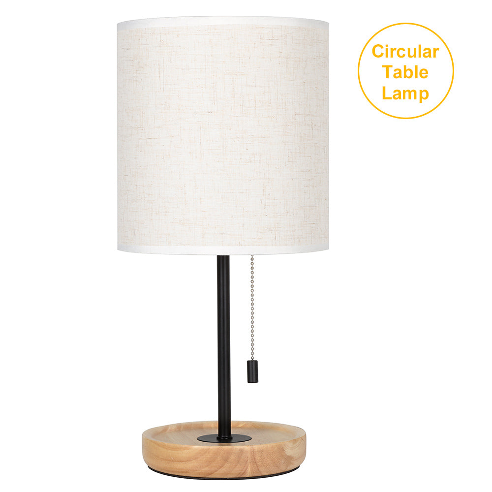 Modern White Bedside Table Lamp (16 Inches) - Wood Base Nightstand Lamp with Linen Fabric Shade