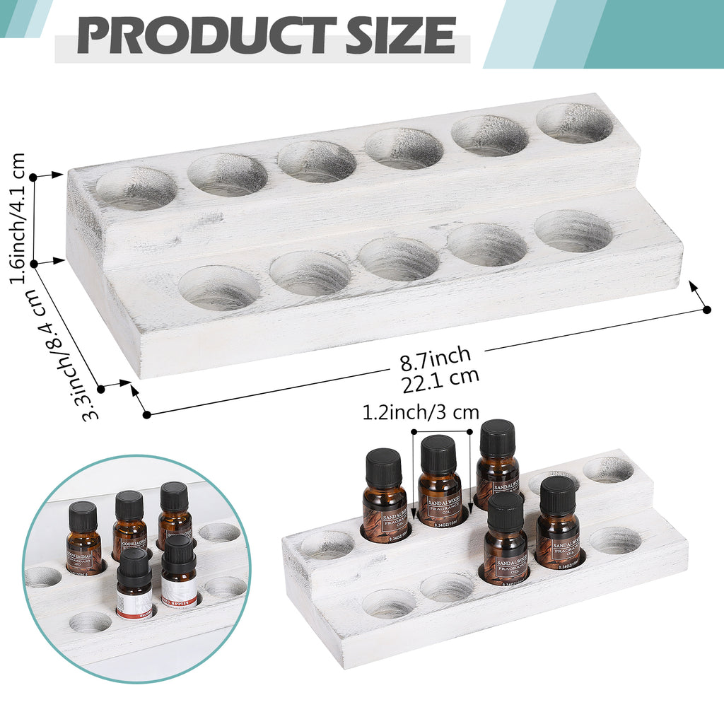 Set of 2 Essential Oil Storage Racks, 2-Tier White-Wash Wooden Display Holders for 5/10/15/20ml Bottles, Nail Polish Organizer