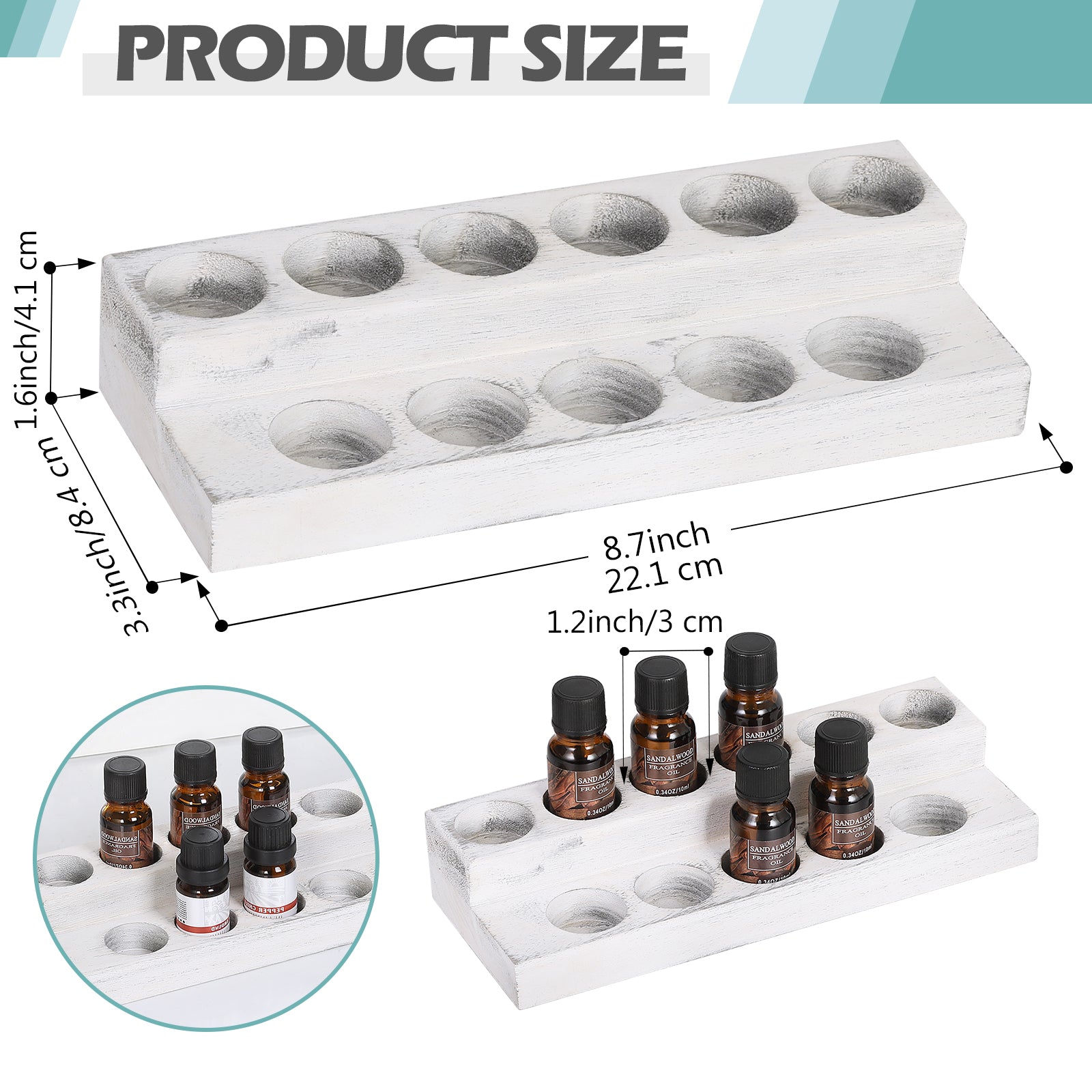 Set of 2 Essential Oil Storage Racks, 2-Tier White-Wash Wooden Display Holders for 5/10/15/20ml Bottles, Nail Polish Organizer