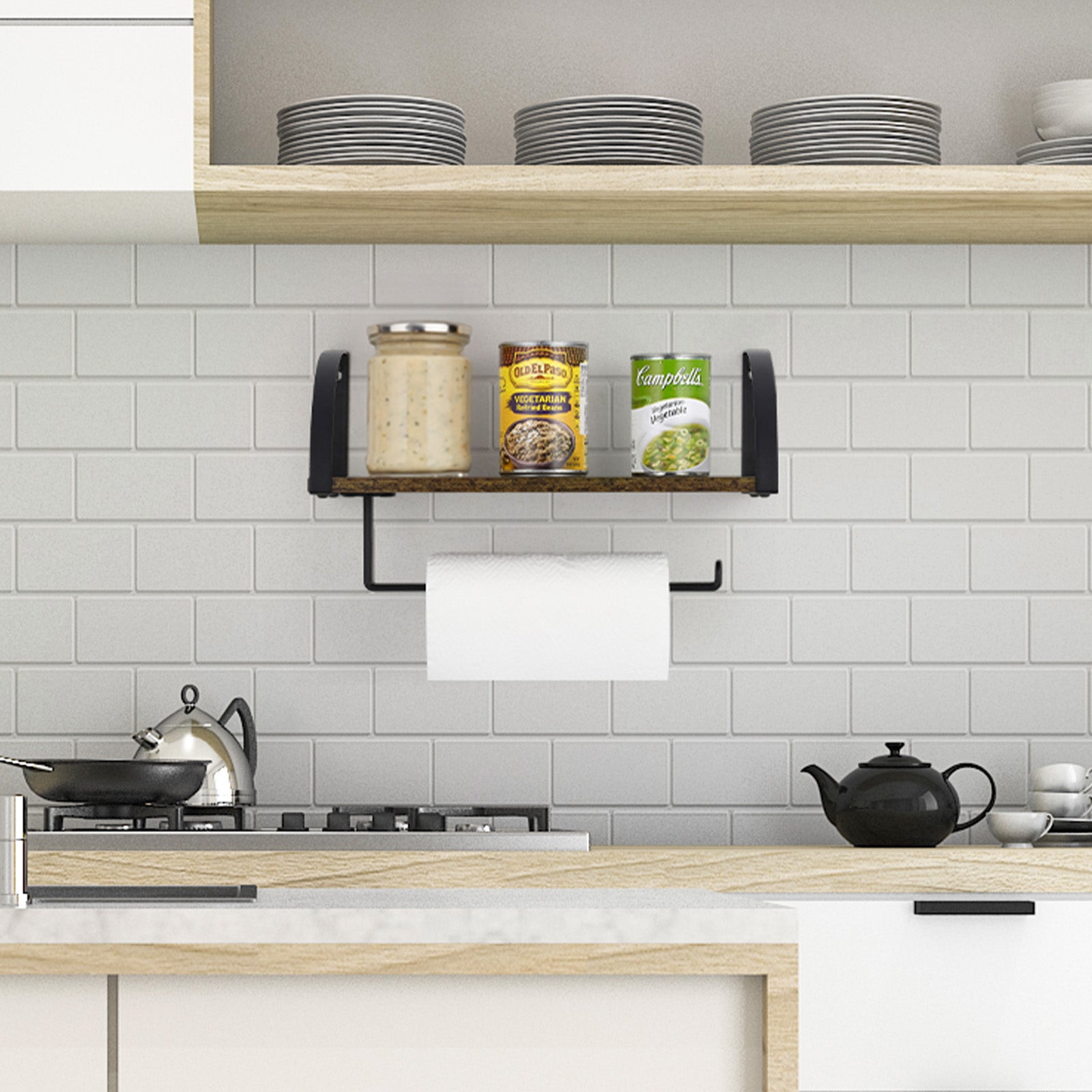 Farmhouse Paper Towel Holder with Shelf - Vintage Wall Mounted Under Cabinet Spice Rack