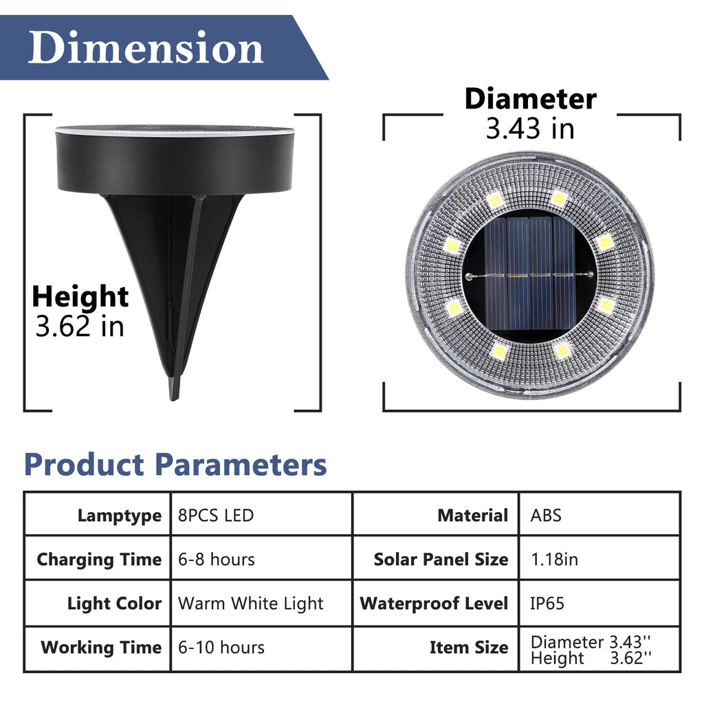 8-Pack Solar Ground Lights, 8 LED Solar In-Ground Disk Lights, IP65 Waterproof Outdoor Landscape Pathway Lights for Lawn, Yard, Patio, Walkway