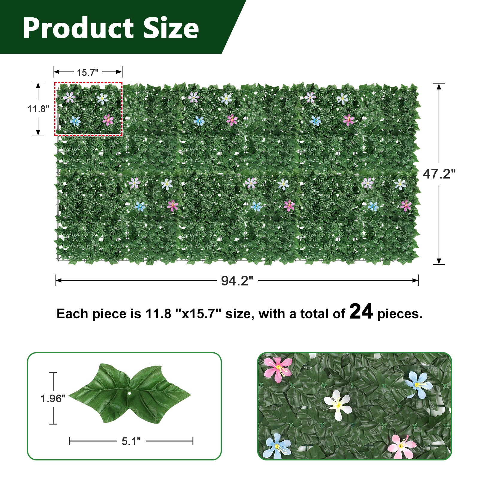 12.5inch x 16.5inch Artificial Ivy Fence with Flowers - Faux Vine Privacy Screen for Apartment Balcony & Backyard