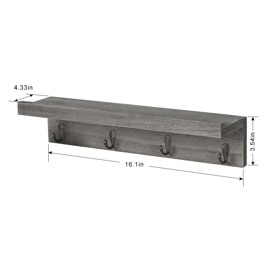 Set of 2 Wall-Mounted Entryway Organizers with 8 Hanging Hooks and Wooden Storage Ledge for Accessories, Dark Gray