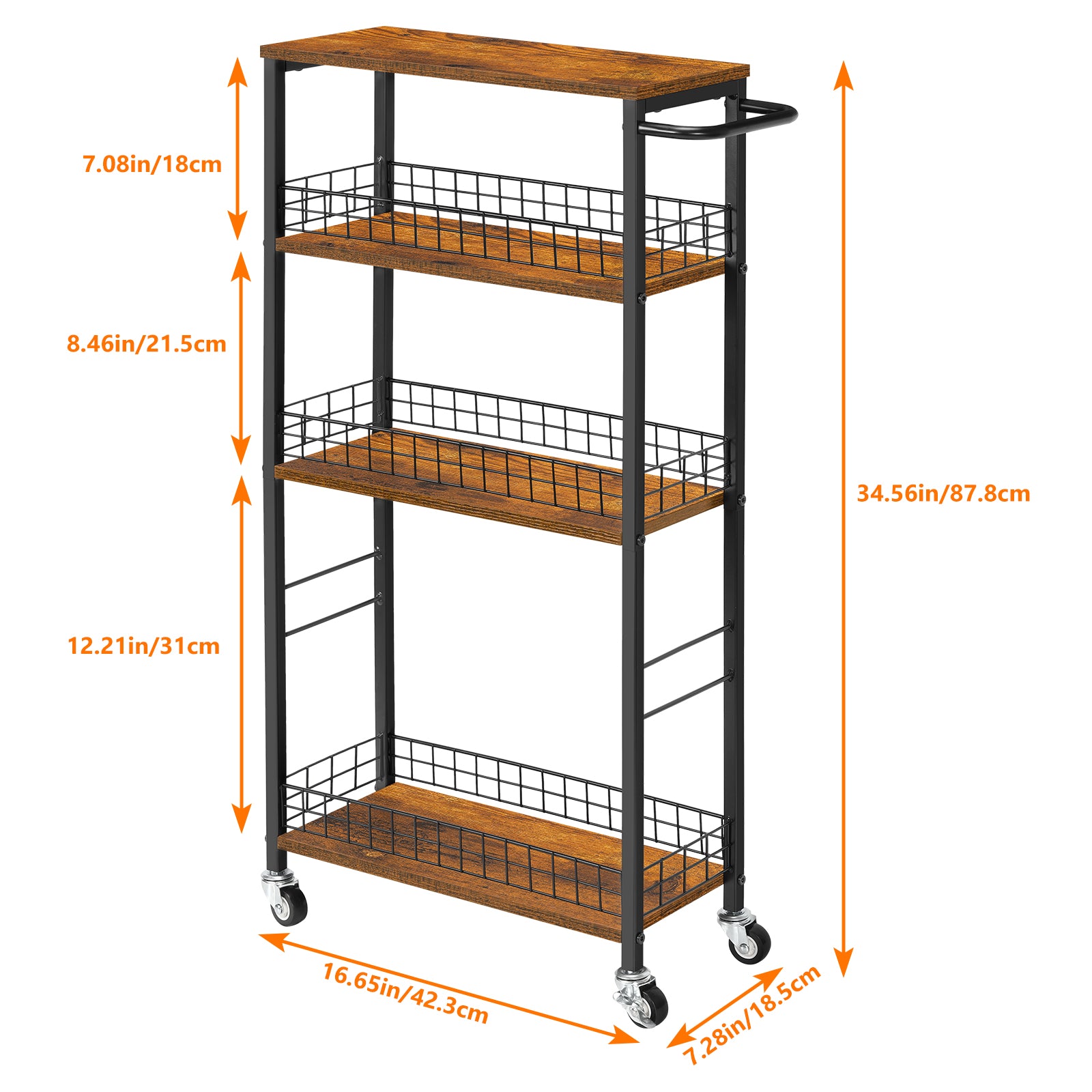 4-Tier Slim Rolling Cart | 7.3" Narrow Slide-Out Pantry Organizer with Rustic Wood Top