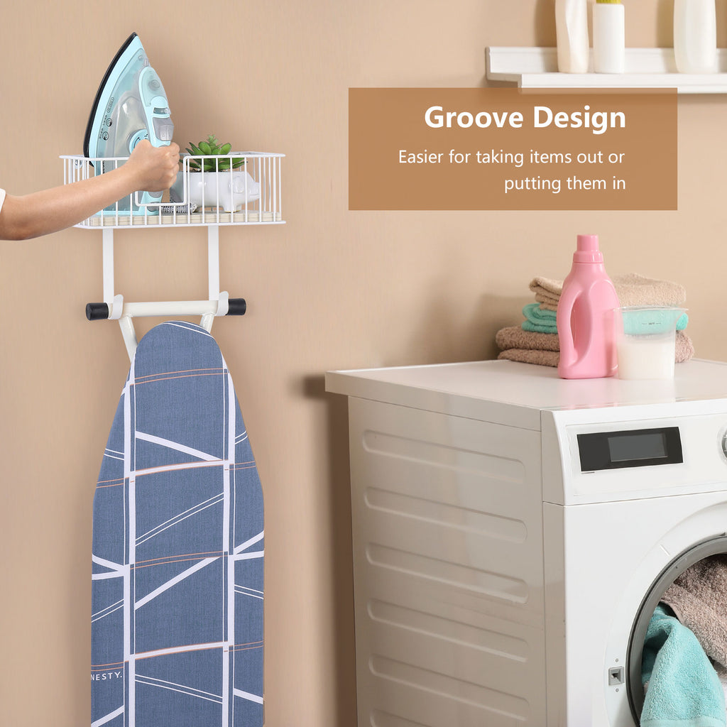 Wall Mounted Ironing Station Organizer with Flexible Hooks for T and Y-Leg Boards, Laundry Room Storage Rack, White finish