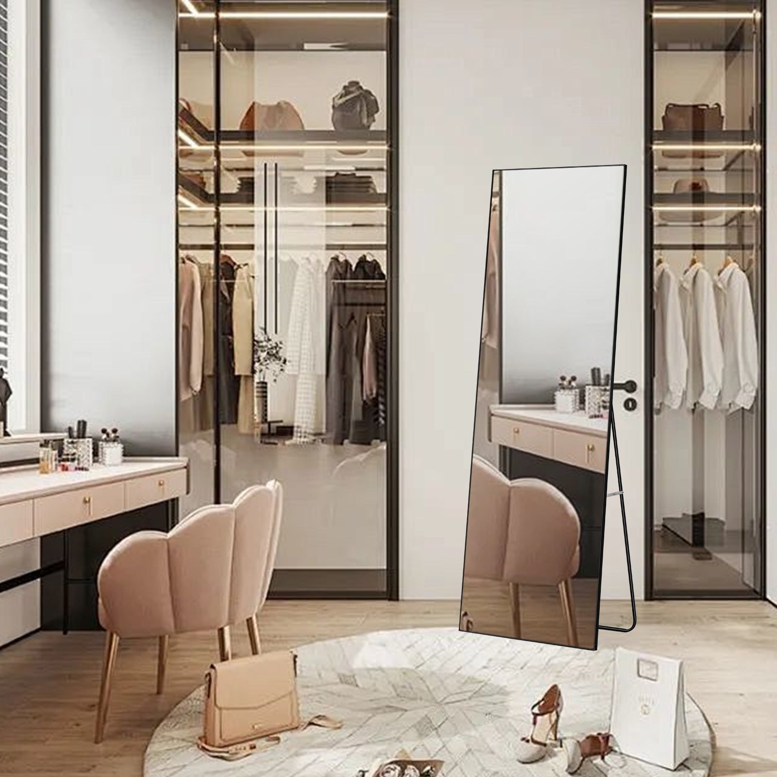 65inch x 23inch Full Length Mirror with Standing Holder, Large Floor Mirror with Metal Frame, Dressing Mirror for Bedroom and Locker Room,