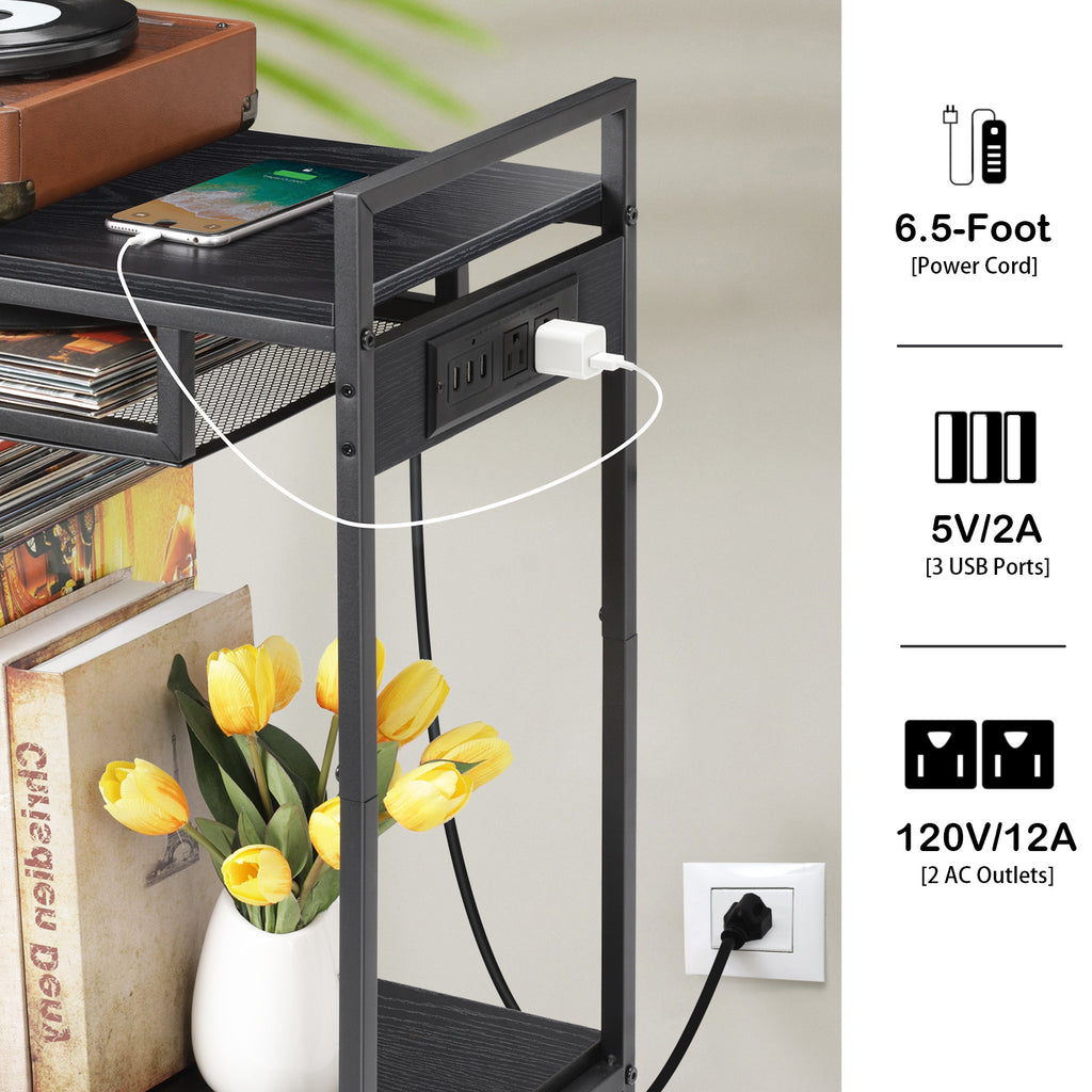 Record Player Stand, Turntable Stand with Charging Station, 3 Tier Record Player Table with 4 Quick-Release Divider, Vinyl Record Stand Storage with 4 Wheels, for Bedroom Living Room and Office, Gray