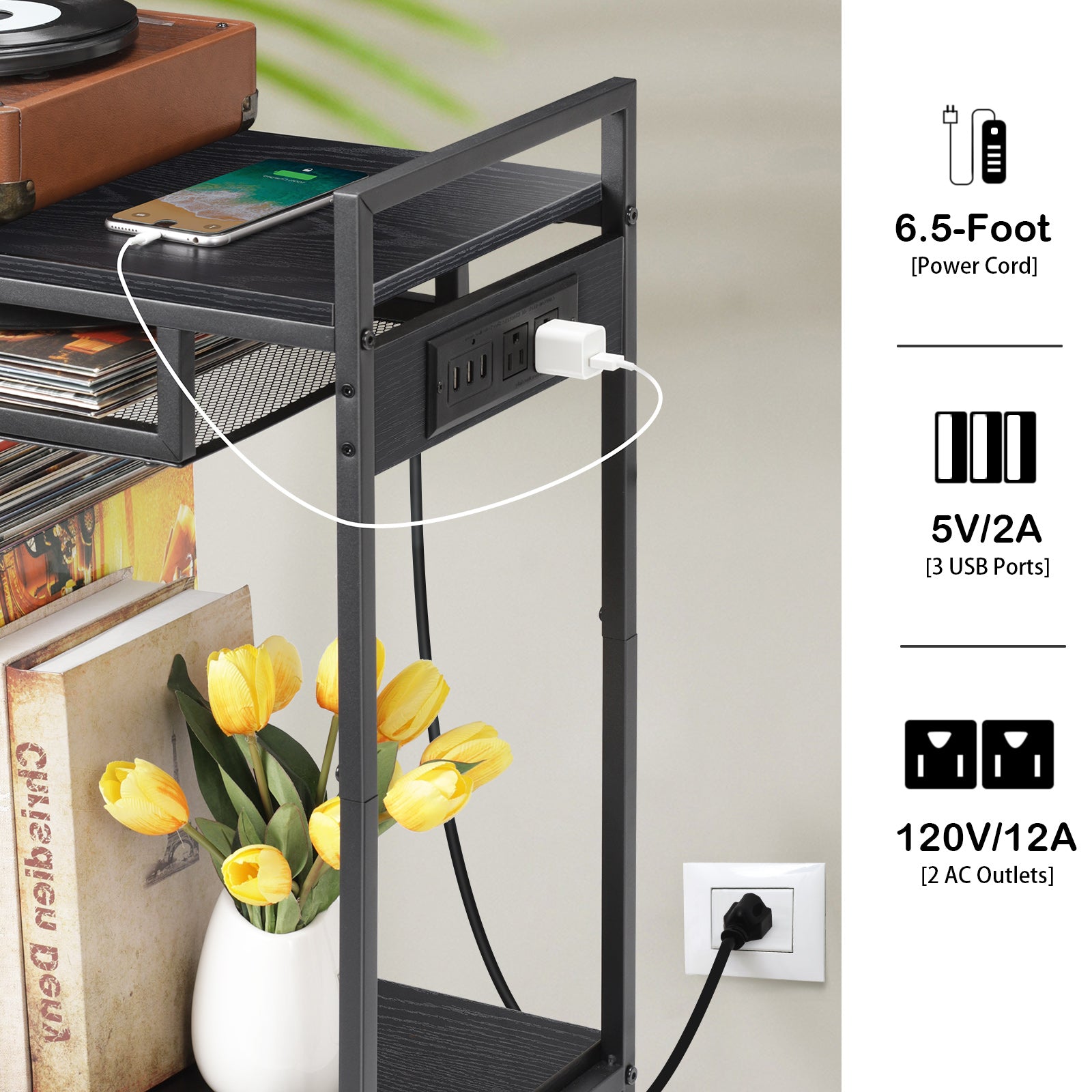 Record Player Stand, Turntable Stand with Charging Station, 3 Tier Record Player Table with 4 Quick-Release Divider, Vinyl Record Stand Storage with 4 Wheels, for Bedroom Living Room and Office, Gray