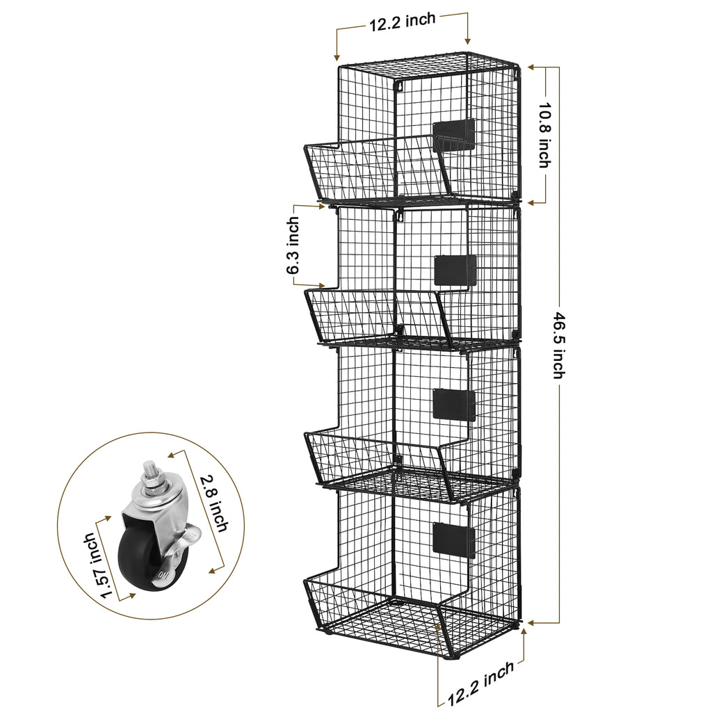 4-Level Wall-Mounted Metal Wire Produce Organizer with Rolling Wheels and Chalkboards, Black Stackable Storage Rack for Kitchen and Bathroom