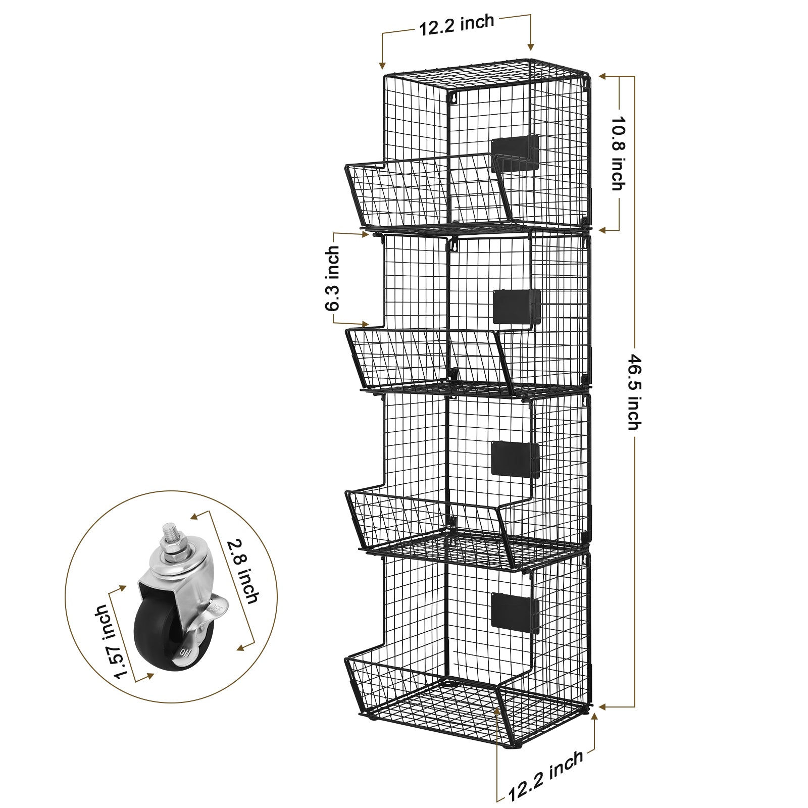 4-Level Wall-Mounted Metal Wire Produce Organizer with Rolling Wheels and Chalkboards, Black Stackable Storage Rack for Kitchen and Bathroom