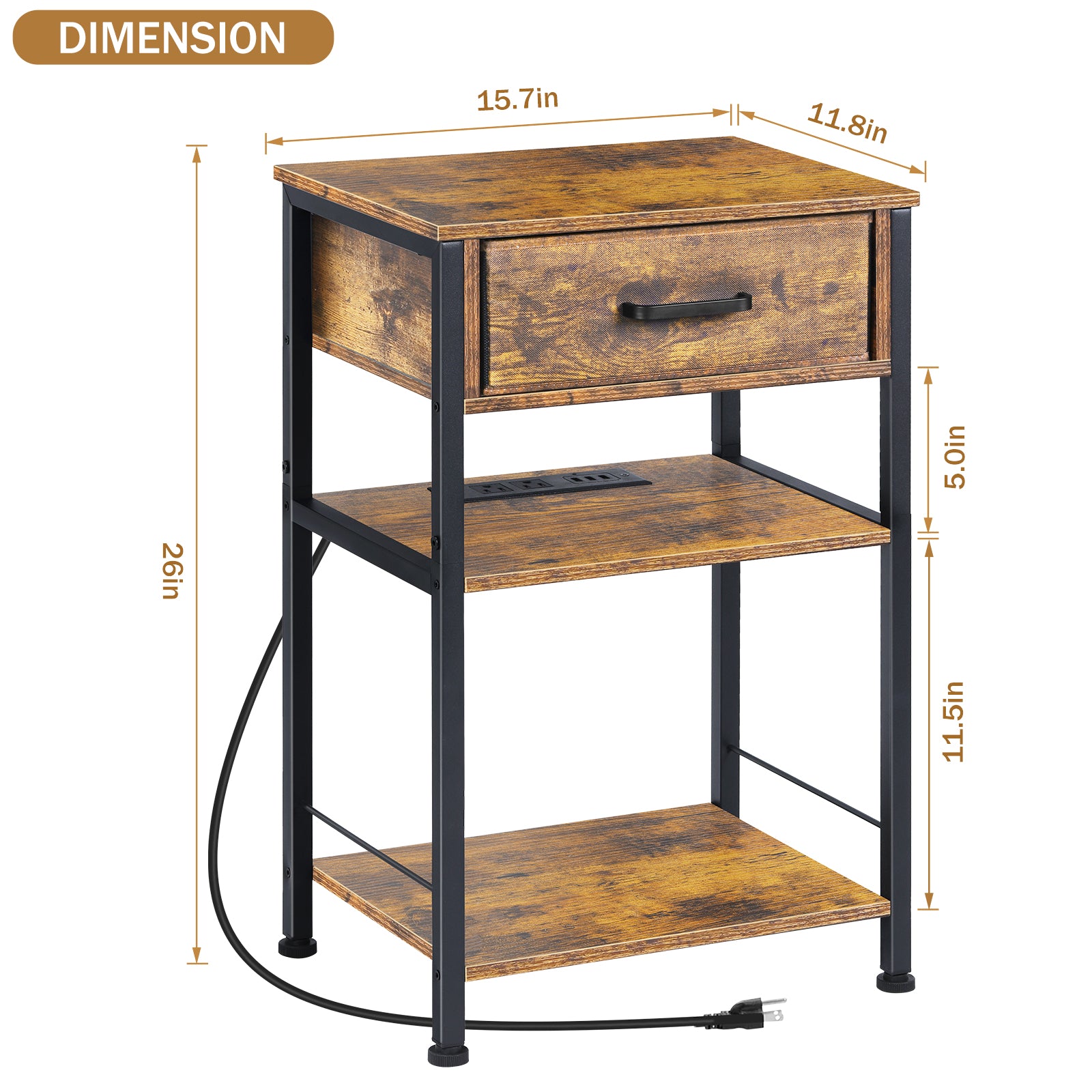3-Tier Nightstand with Charging Station & Fabric Drawer, Rustic Brown Bedside Table for Living Room & Small Spaces,