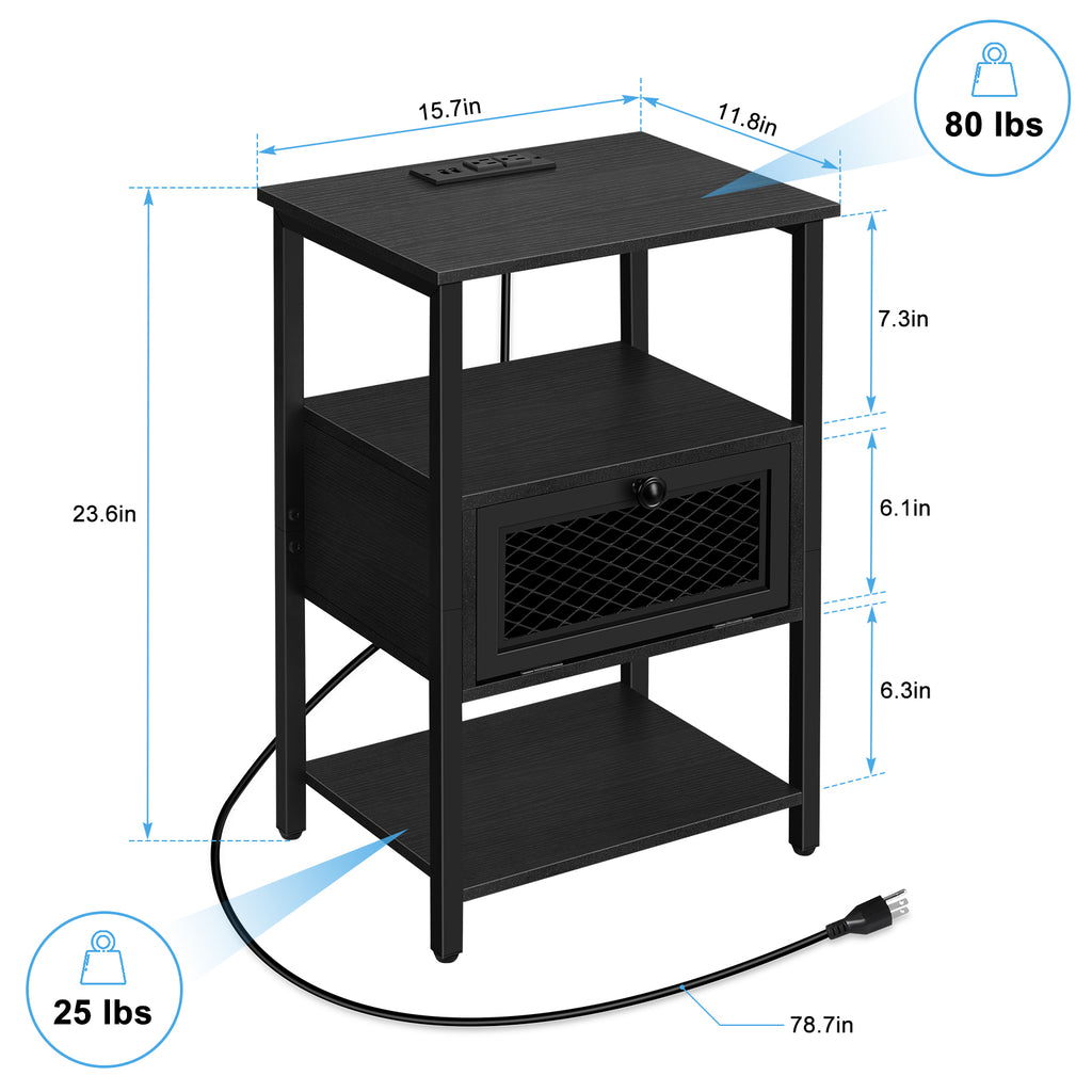 Black Nightstand with Charging Station, 3-Tier End Table with Drawer & USB Ports, for Bedroom & Living Room