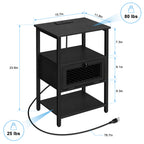 Black Nightstand with Charging Station, 3-Tier End Table with Drawer & USB Ports, for Bedroom & Living Room