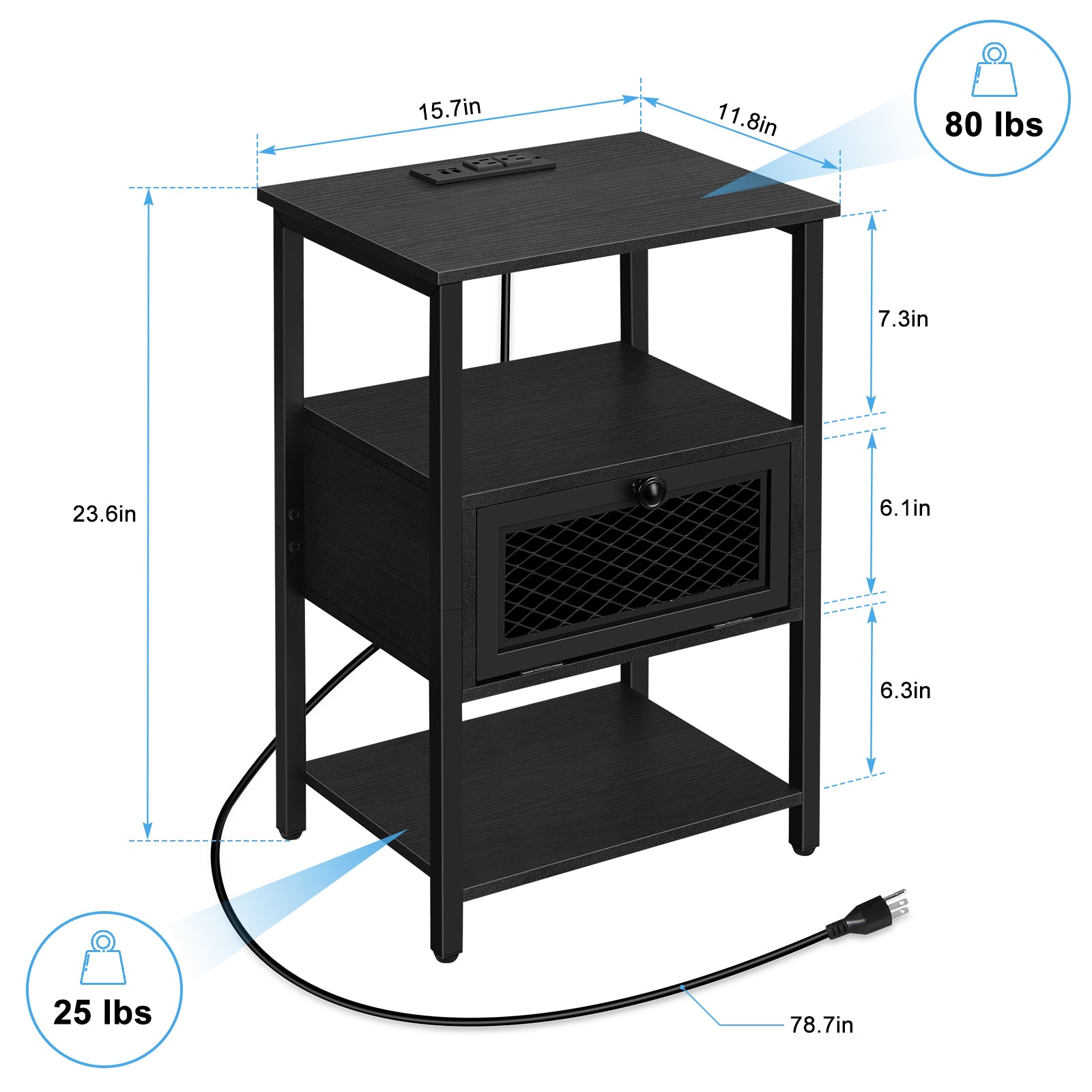 Black Nightstand with Charging Station, 3-Tier End Table with Drawer & USB Ports, for Bedroom & Living Room