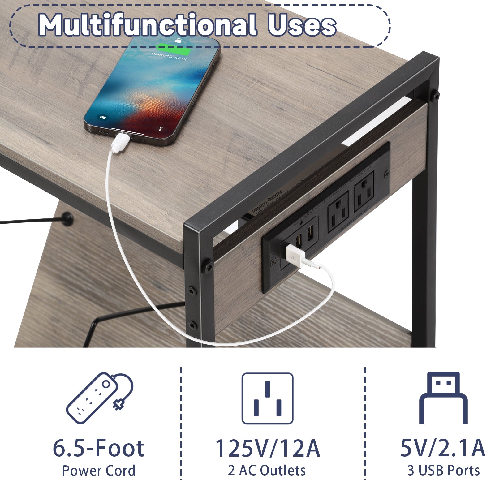 Rolling Record Player Stand with Charging Station, Grey End Table with Vinyl Record Storage, Turntable Stand with USB Ports for Living Room, Bedroom