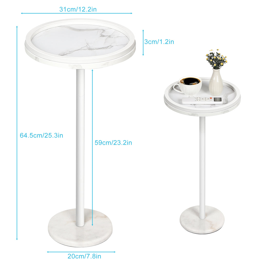 Modern Round Drink Table with Faux Marble Base - Slim Pedestal Side Table for Small Spaces, White,