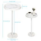 Modern Round Drink Table with Faux Marble Base - Slim Pedestal Side Table for Small Spaces, White,