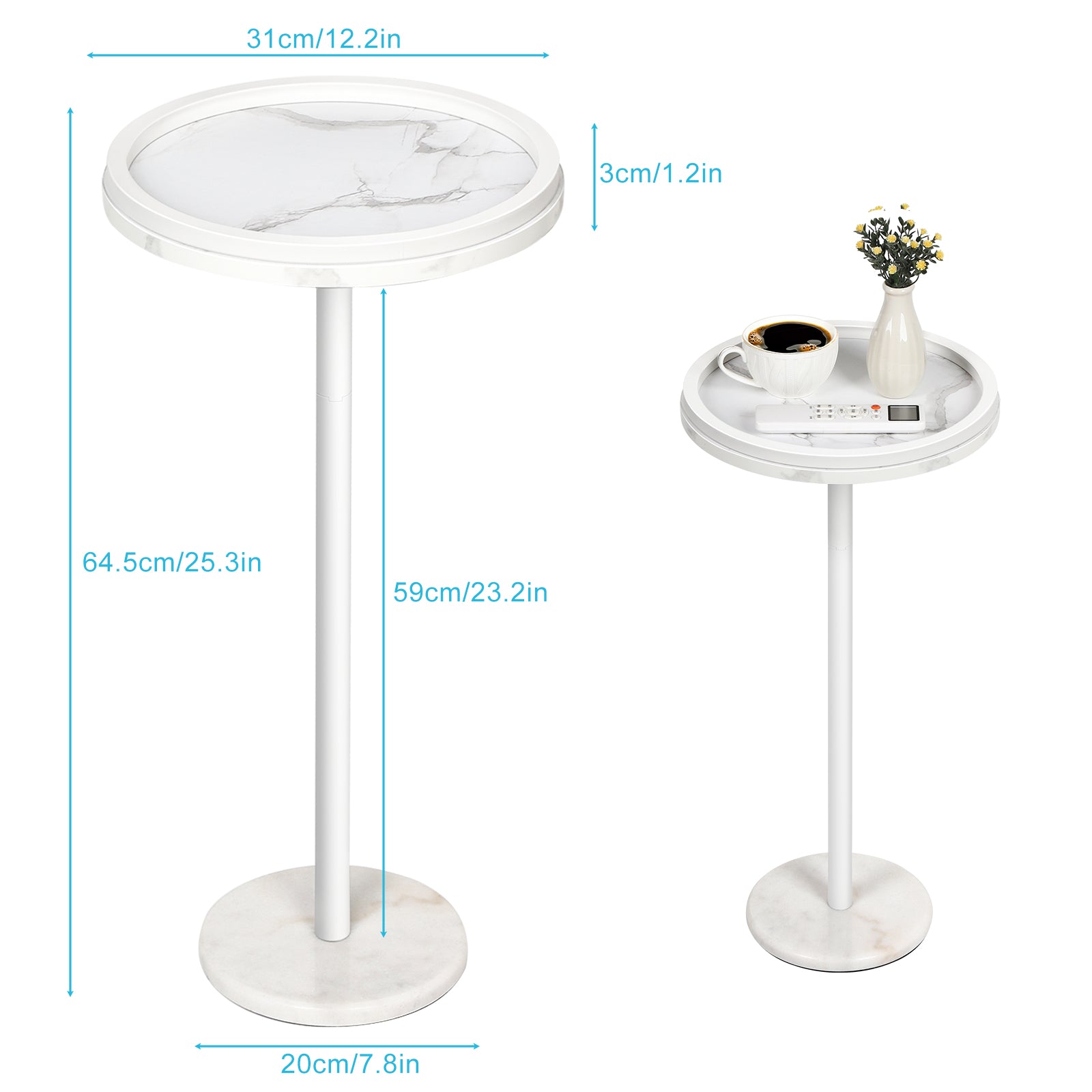 Modern Round Drink Table with Faux Marble Base - Slim Pedestal Side Table for Small Spaces, White,