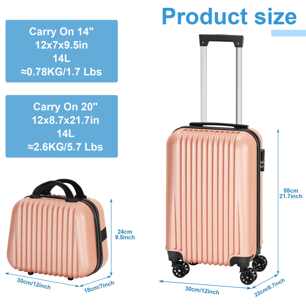 2-Piece ABS Hardside Luggage Set - 20 Inch Carry On Suitcase + 14 Inch Cosmetic Case with Spinner Wheels & Lock, Black