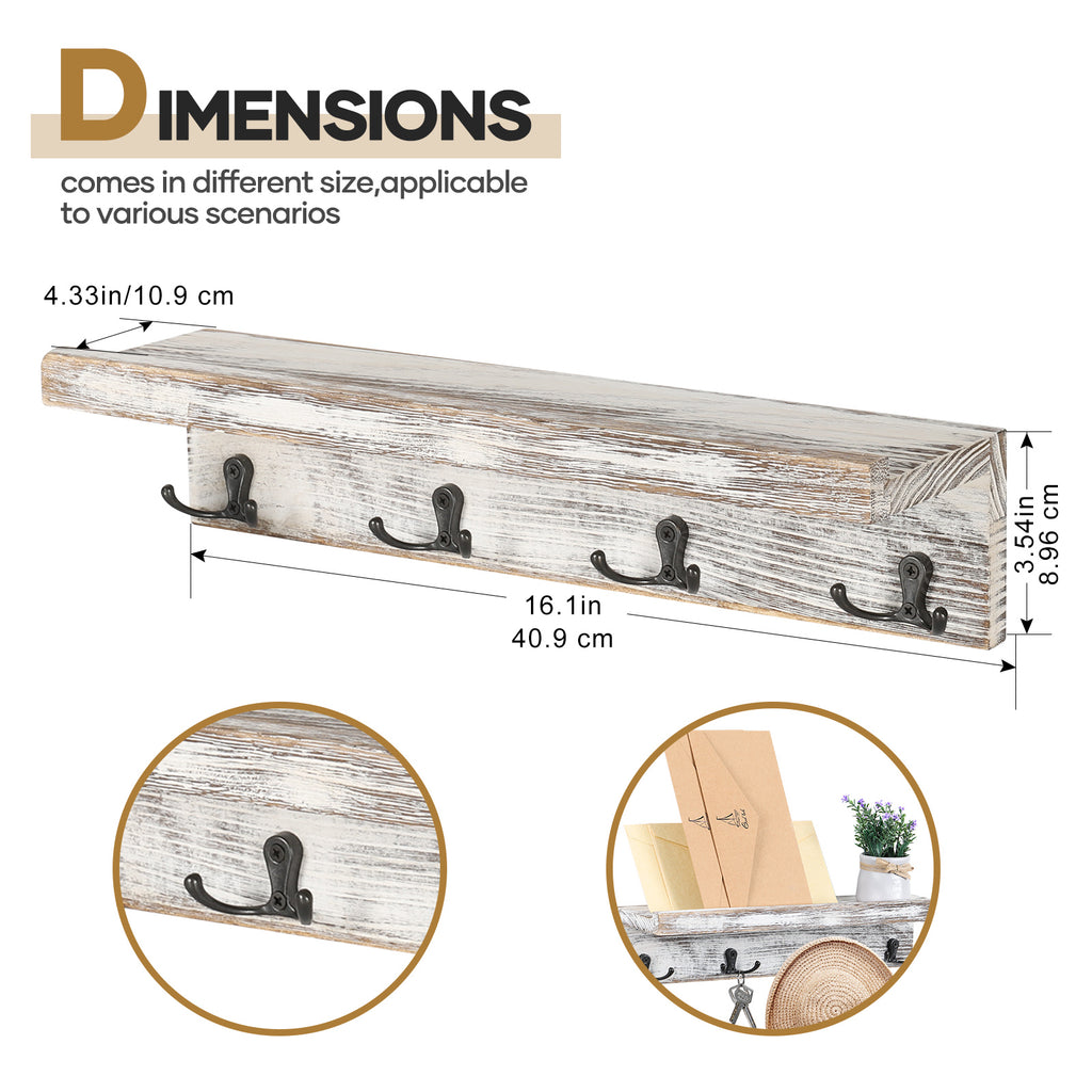 Wall Coat Rack with Hooks Wall Mounted Coat Rack with Hooks Set of 2 Farmhouse Coat Key Hooks with Storage Shelf Hanging Shelves for Entryway Bedroom Bathroom Living Room, Rustic White